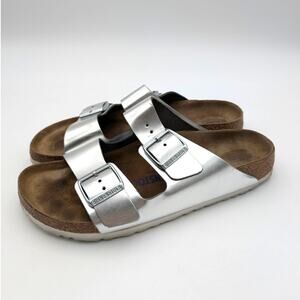 Birkenstock Arizona Soft Footbed Leather Sandals Unisex Silver Sz USW10/M8 EU41